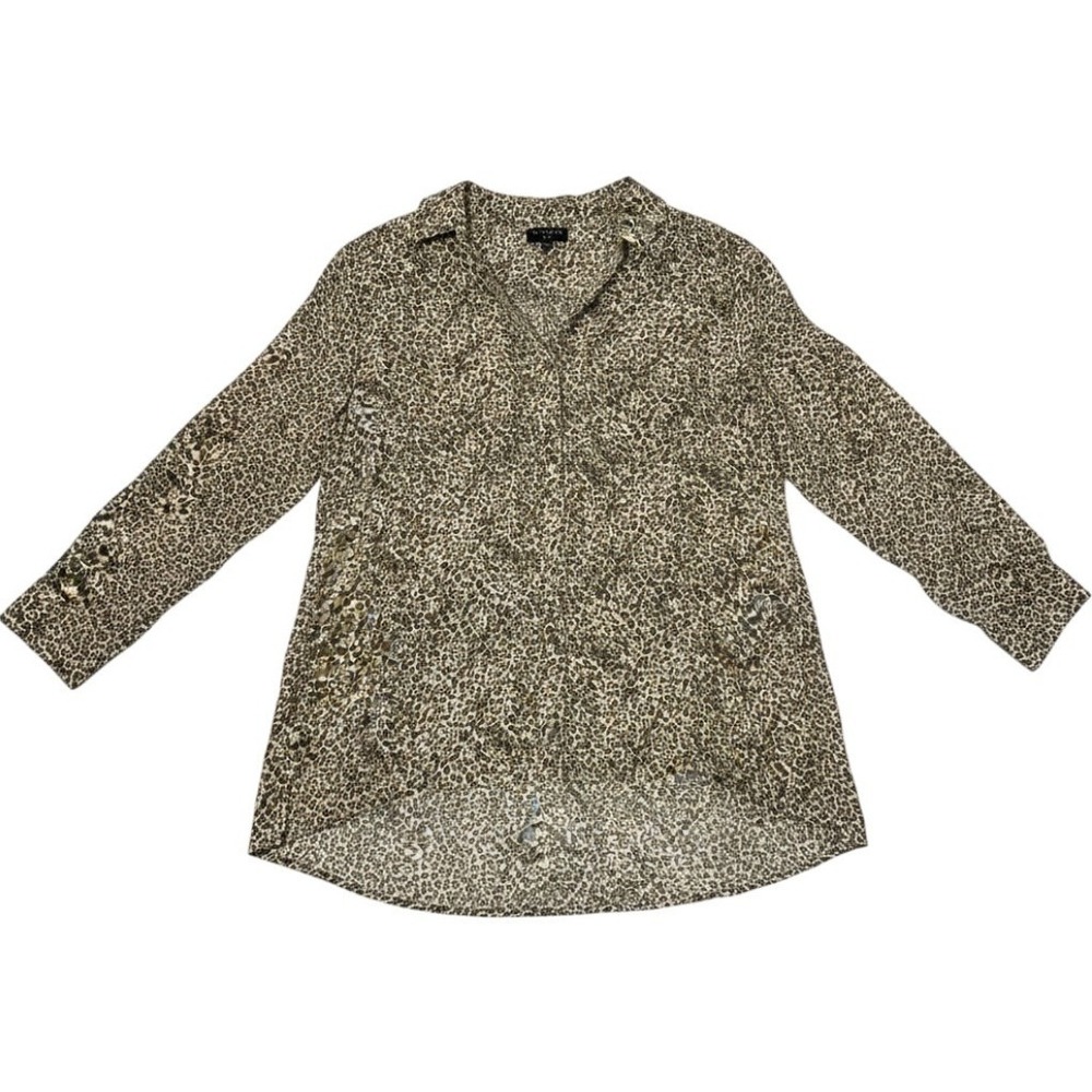 Tinsel Button Up Top Tan Leopard Print Long Sleeve Hi-Low Rayon Size 1X Womens